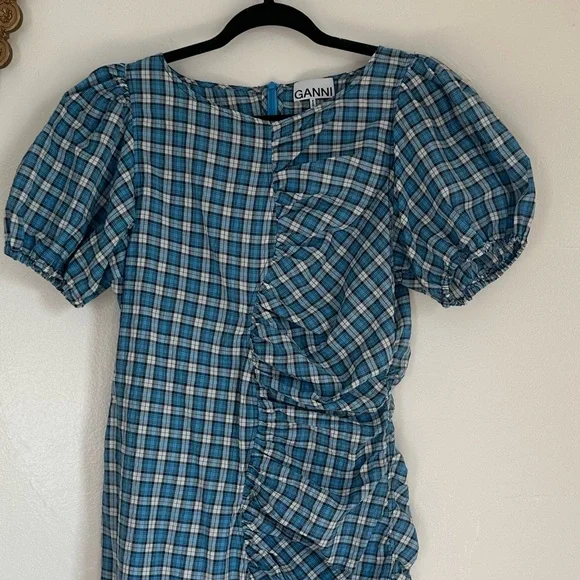 Ganni Check Ruched Seersucker Minidress in Check Azure Blue, - Picture 5 of 11